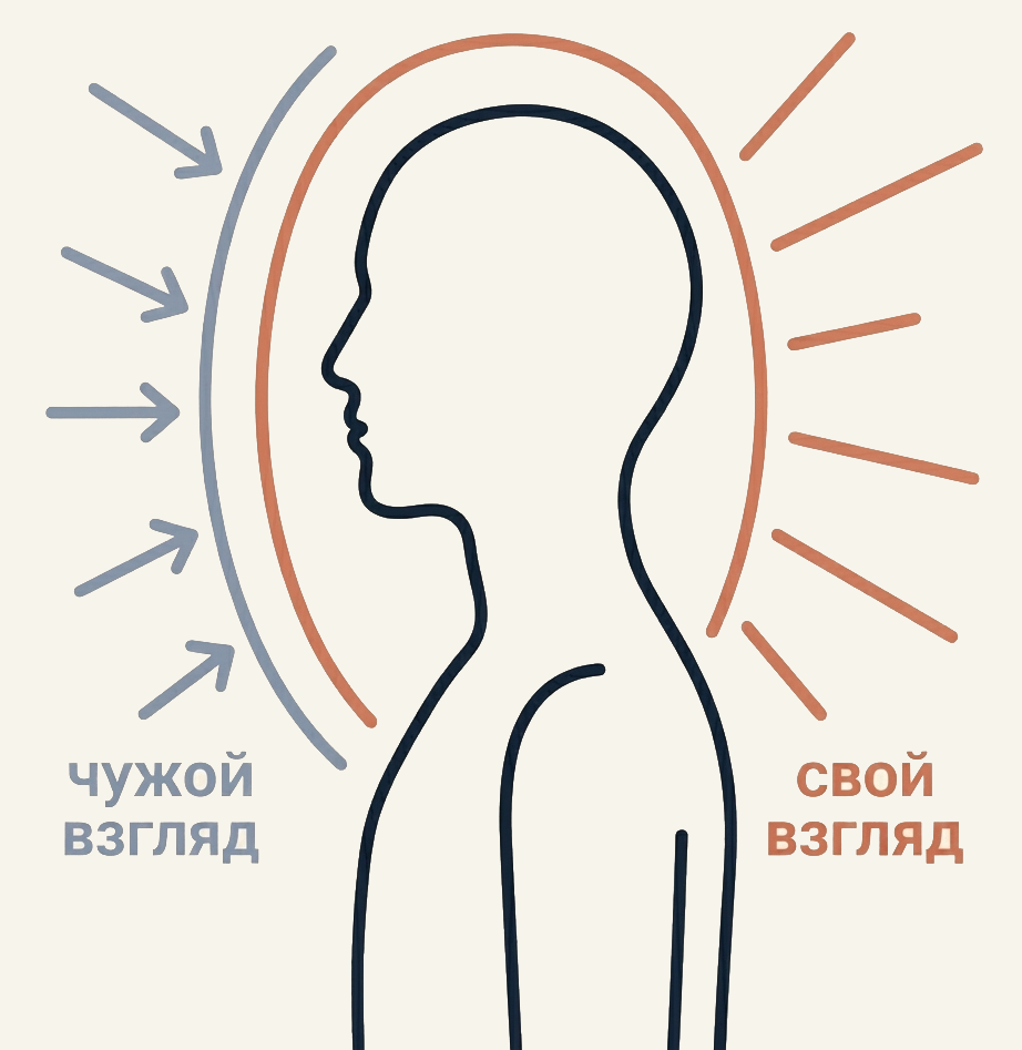 Силуэт головы и плеч в профиль: терракотовая граница «свой взгляд» окружает фигуру, синяя дуга «чужой взгляд» со стрелками останавливается снаружи границы